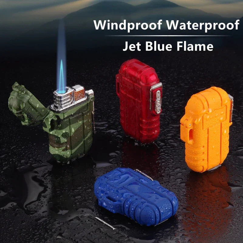 Outdoor Waterproof Lighter with Lanyard Portable Blue Flame Jet Lighter Butane