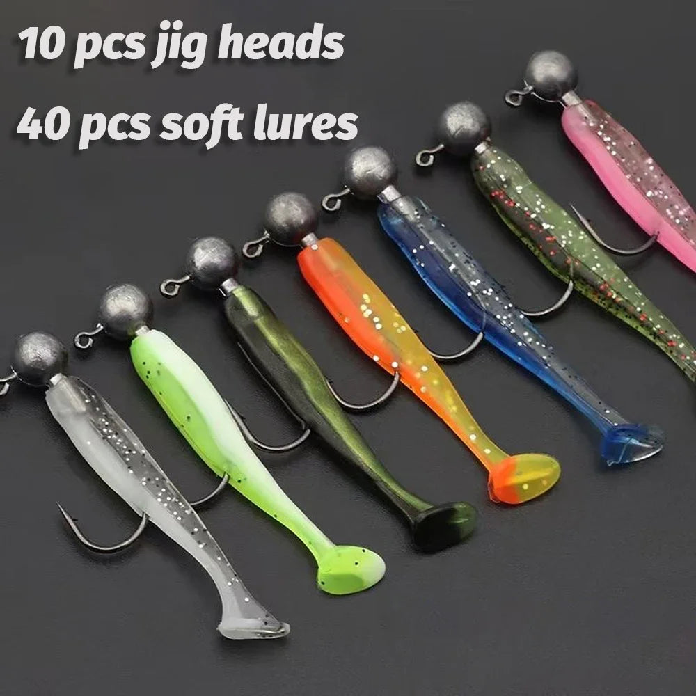 50PCS/Box Metal Jig Bait 5.5cm 7cm 10cm Soft Lure 3g 5g 7g 10g 14g Jigging Head Hook Fishing Box