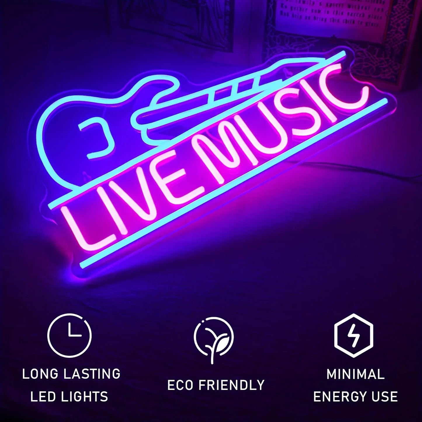 Guitar-Shaped Live Music Neon Sign