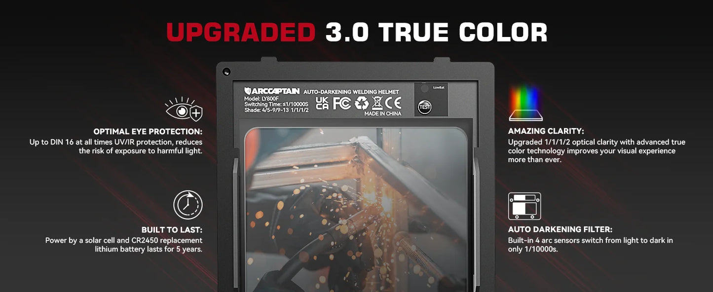 ARCCAPTAIN Welding Helmet Auto Darkening Welding Mask 4 Sensors Solar Cell Powered For TIG MIG ARC Welder