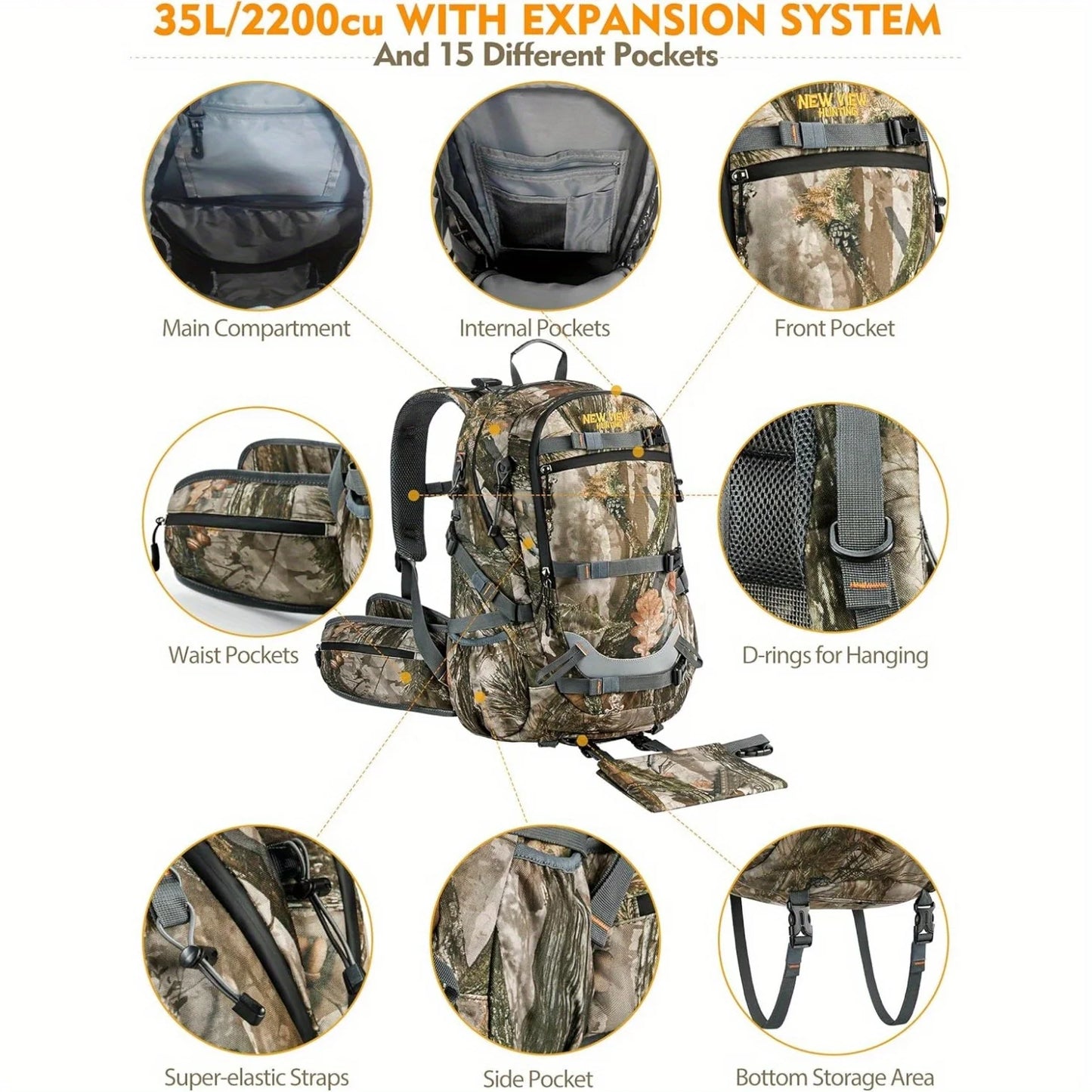 NEW VIEW 35L Hunting Backpacks for Men, Camo Hunting Backpack with Bow & Rifle Holder, Saddle Hunting Backpack for Deer, Elk