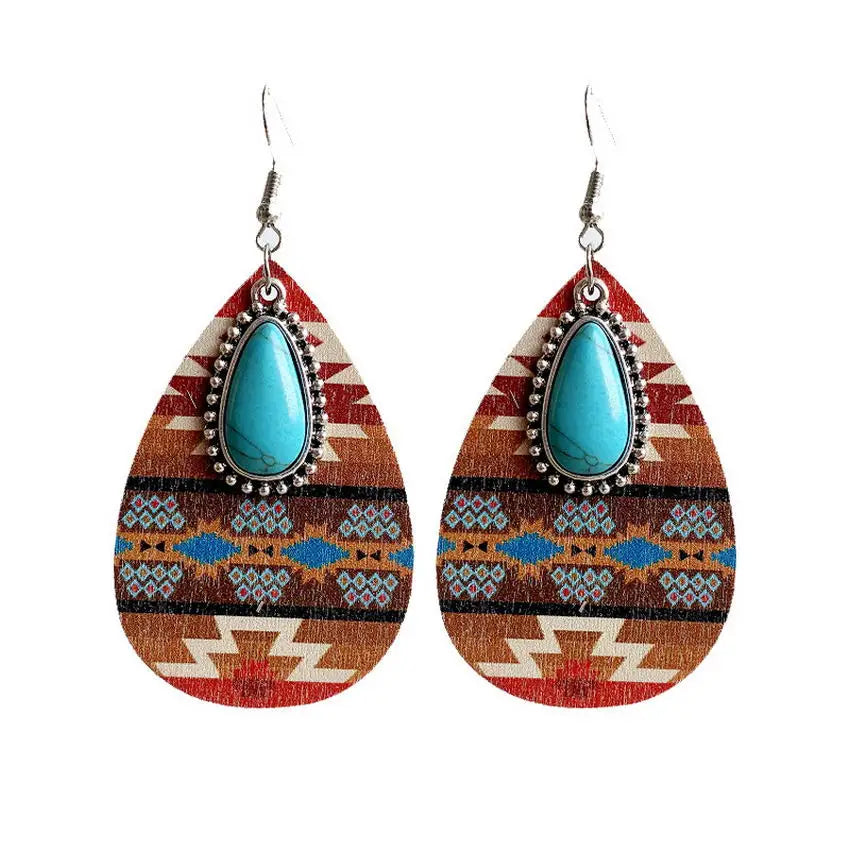 Aztec Pattern Wood Turquoise Teardrop Earrings for Women