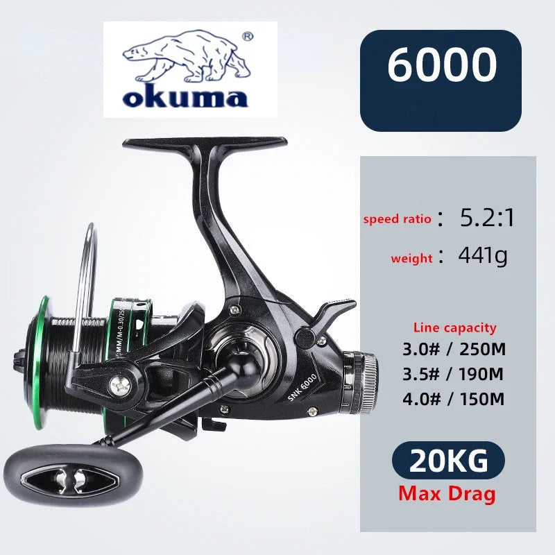 OKUMA Dual Brake Fishing Reel 20Max Drag Speed Ratio 5.2:1/14+1BB All Metal Wire Cup Spinning Wheel 3000-6000