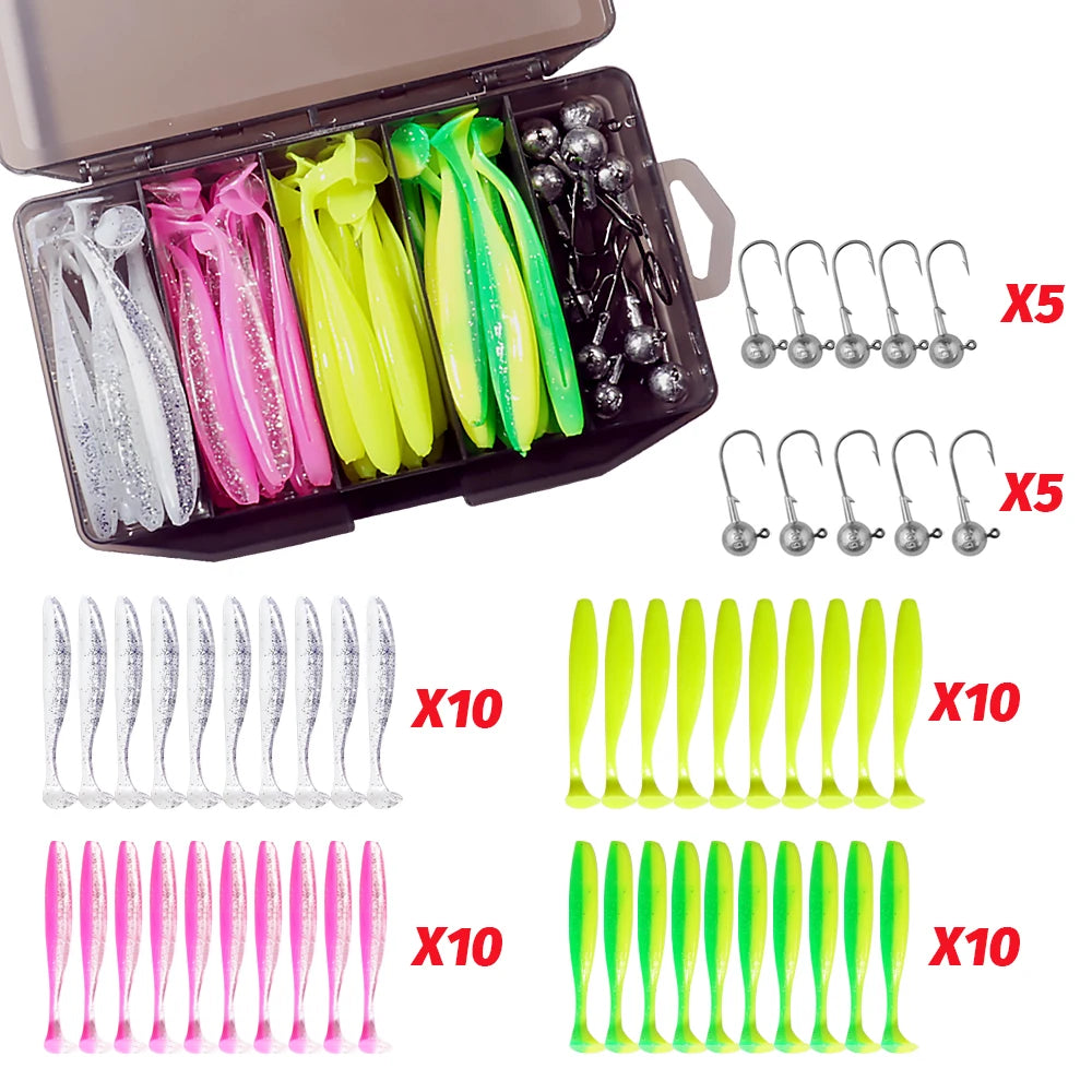 50PCS/Box Metal Jig Bait 5.5cm 7cm 10cm Soft Lure 3g 5g 7g 10g 14g Jigging Head Hook Fishing Box