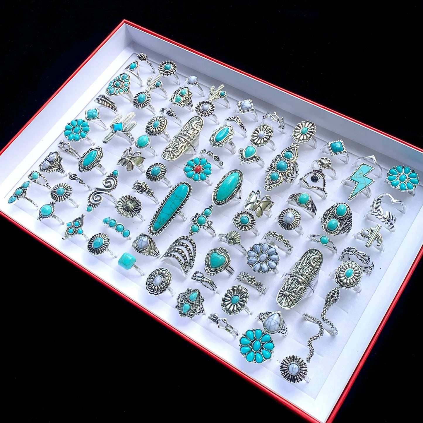 12pcs Antique Silver Plated Turquoise Bohemia Vintage Rings