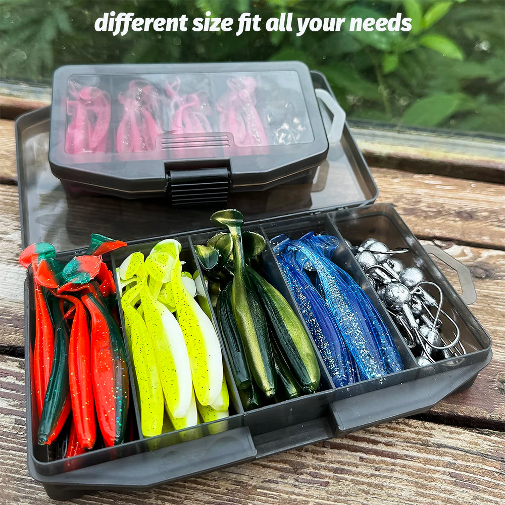 50PCS/Box Metal Jig Bait 5.5cm 7cm 10cm Soft Lure 3g 5g 7g 10g 14g Jigging Head Hook Fishing Box