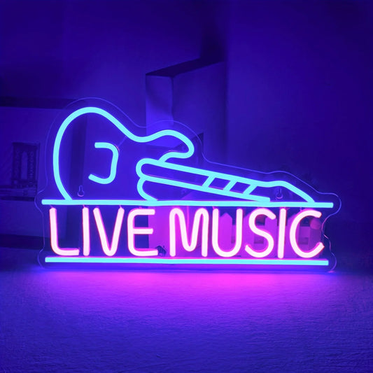 Guitar-Shaped Live Music Neon Sign