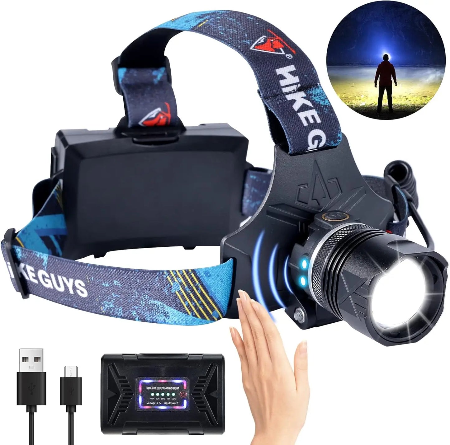 LED Rechargeable Headlamp, Headlight 90000 Lumens Super Bright with 6 Modes IPX5 Warning Light, Motion Sensor Headband HeadLamp