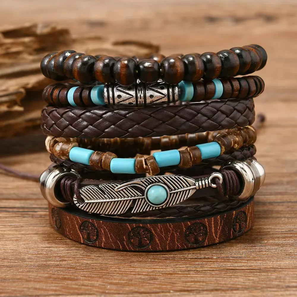 Feather Boho 5-6pc/set wood bead tree Charms bracelets