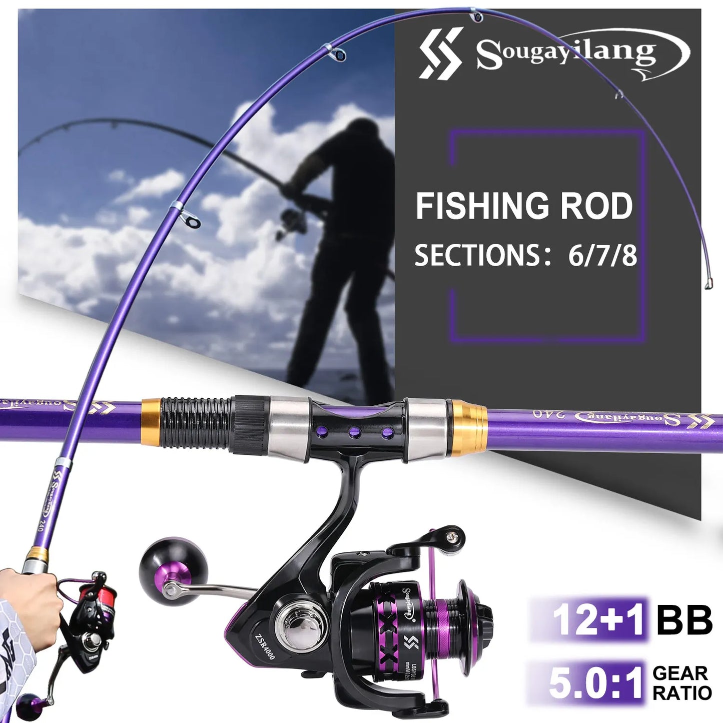 Soukayilang Purple Fishing Rod Combo Telescopic Fishing Rod and Spinning Reel