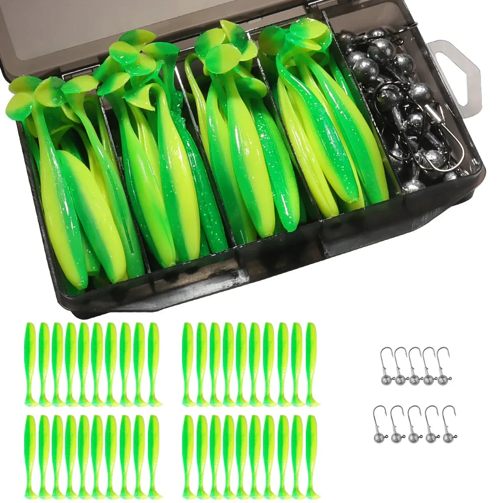 50PCS/Box Metal Jig Bait 5.5cm 7cm 10cm Soft Lure 3g 5g 7g 10g 14g Jigging Head Hook Fishing Box