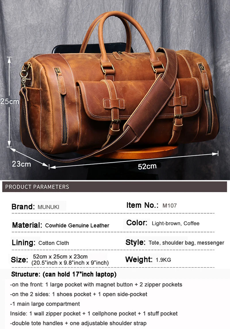 MUNUKI Vintage Crazy Horse Genuine Leather Travel bag