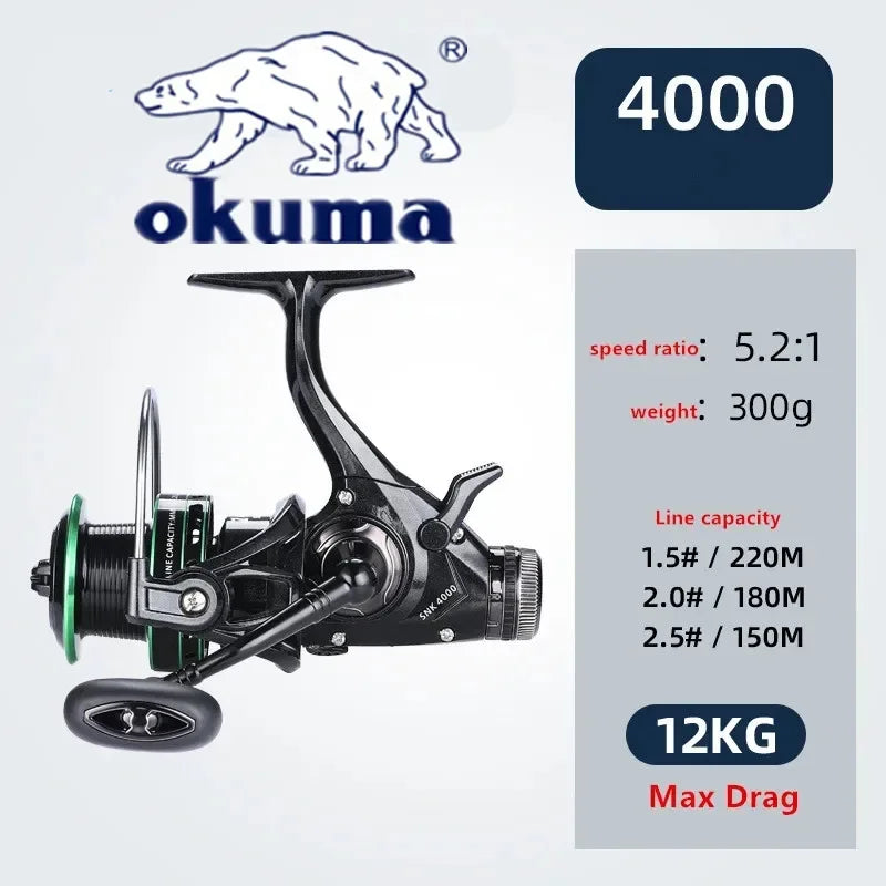 OKUMA Dual Brake Fishing Reel 20Max Drag Speed Ratio 5.2:1/14+1BB All Metal Wire Cup Spinning Wheel 3000-6000