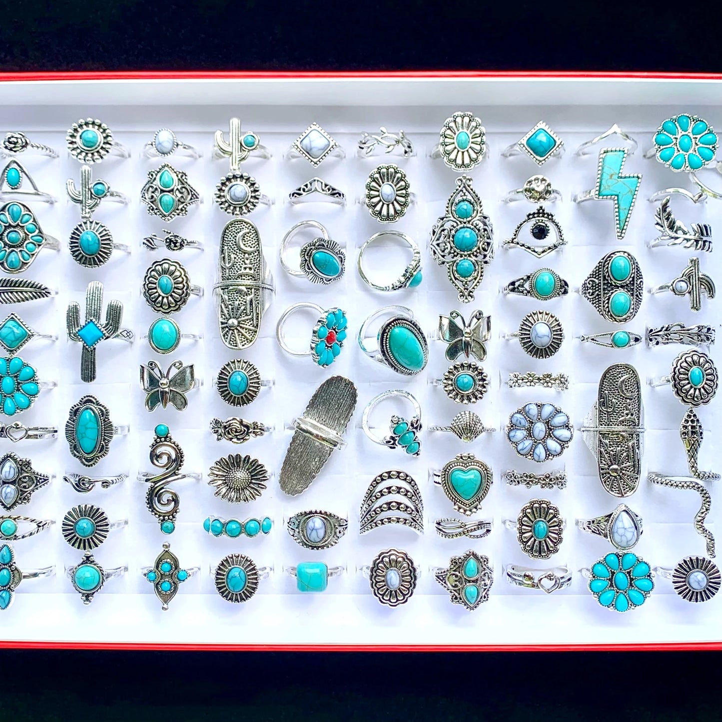 12pcs Antique Silver Plated Turquoise Bohemia Vintage Rings
