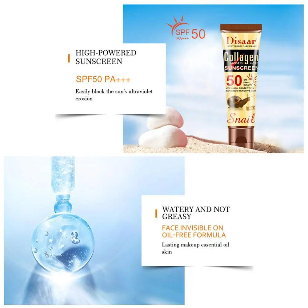 50g Collagen Snail Sunscreen Cream Protector Facial Solar Sun Block Spf 50 Gel Lotion