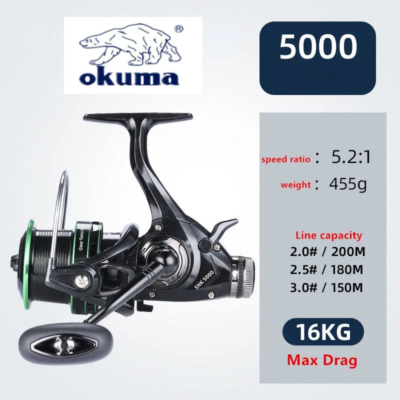 OKUMA Dual Brake Fishing Reel 20Max Drag Speed Ratio 5.2:1/14+1BB All Metal Wire Cup Spinning Wheel 3000-6000