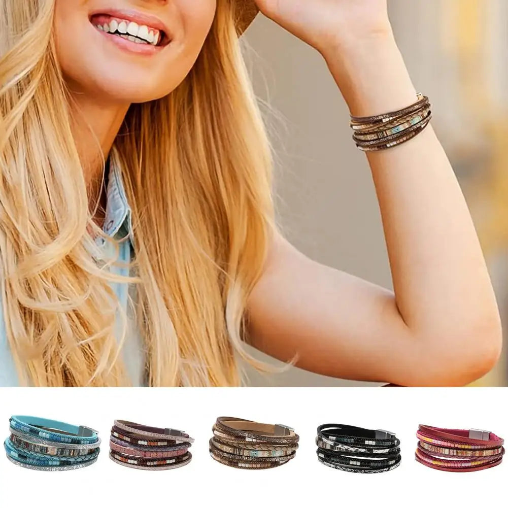 Women Bracelet Boho Style Multi-layer Women's Faux Leather Bracelet Handmade