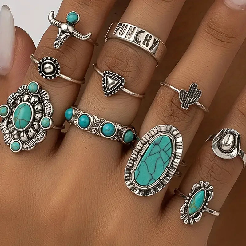 10pcs Western Turquoise Bull Head Dress Rings