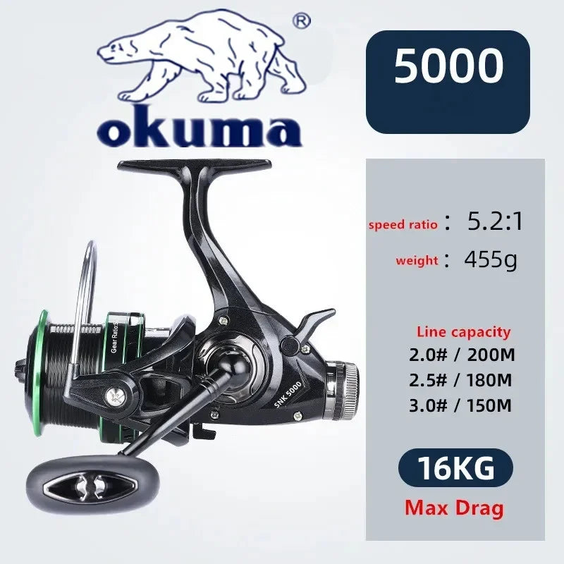 OKUMA Dual Brake Fishing Reel 20Max Drag Speed Ratio 5.2:1/14+1BB All Metal Wire Cup Spinning Wheel 3000-6000