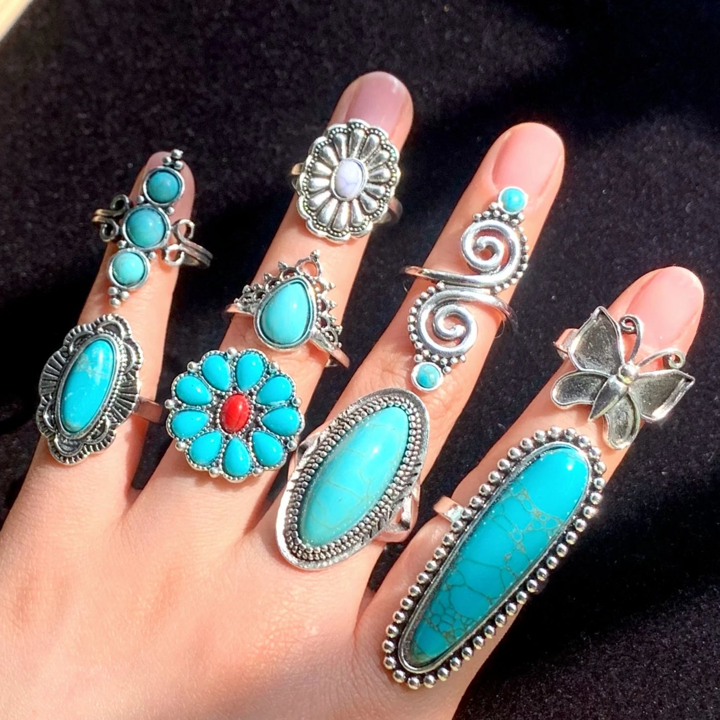 12pcs Antique Silver Plated Turquoise Bohemia Vintage Rings