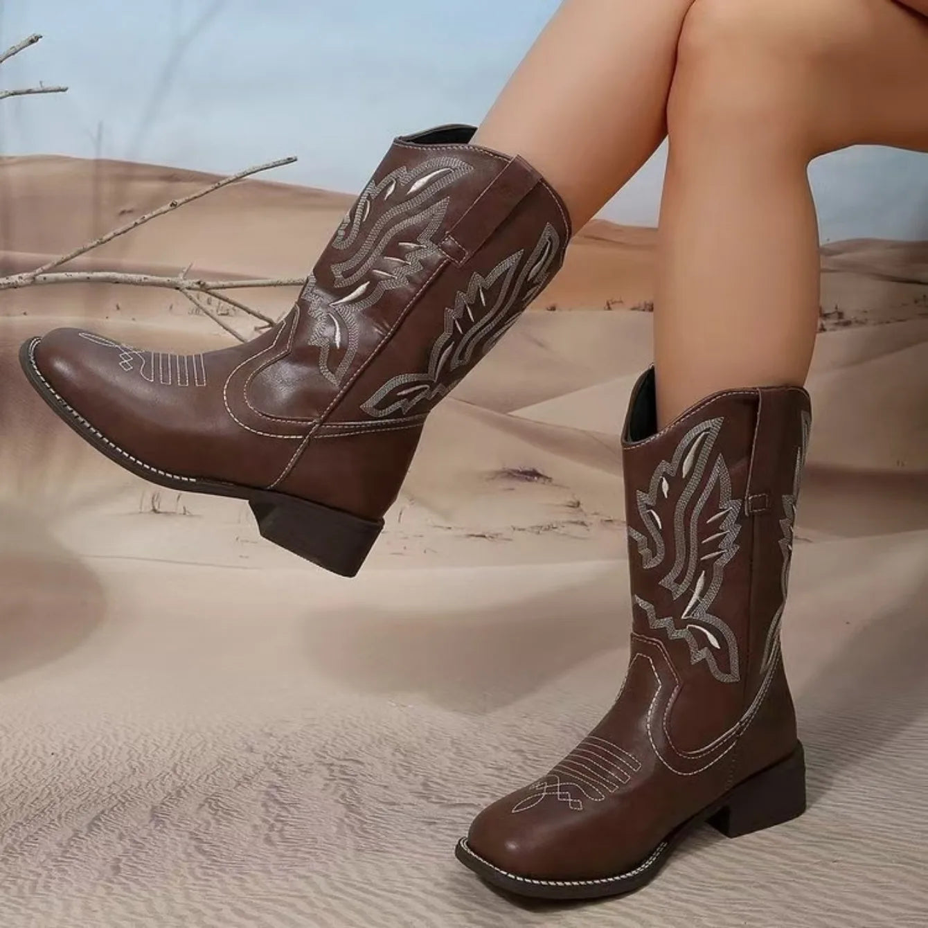 Ladies Pull On Mid Calf Cowgirl Boots