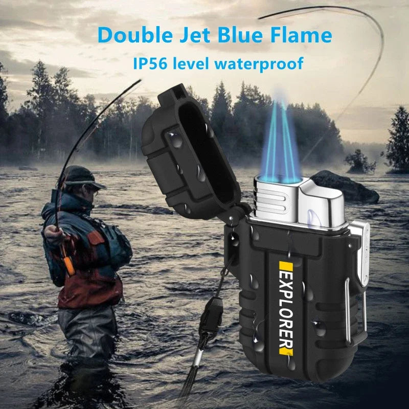 Outdoor Waterproof Lighter with Lanyard Portable Blue Flame Jet Lighter Butane