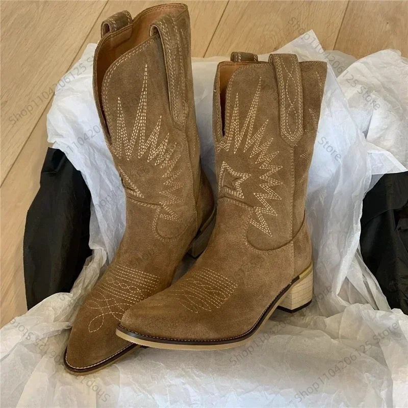 2025 Natural Embroidered Slip On Cowgirl Boots