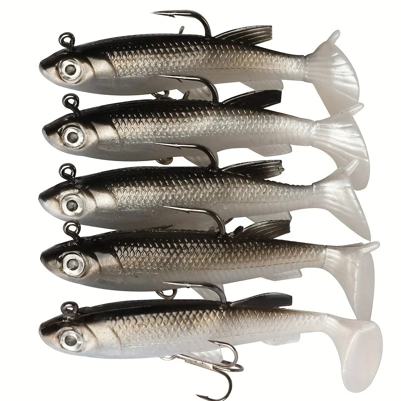 5Pcs Pre-Rigged Jig Head Paddle Tail Soft Plastics