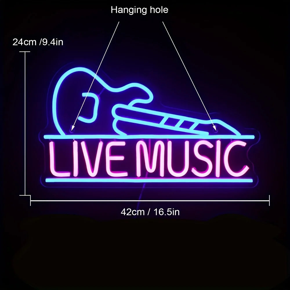 Guitar-Shaped Live Music Neon Sign