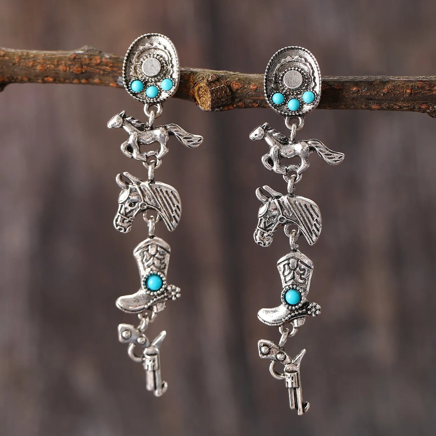 Vintage Bohemia Turquoise Cowboy Hat Boots Horse Earrings For Women
