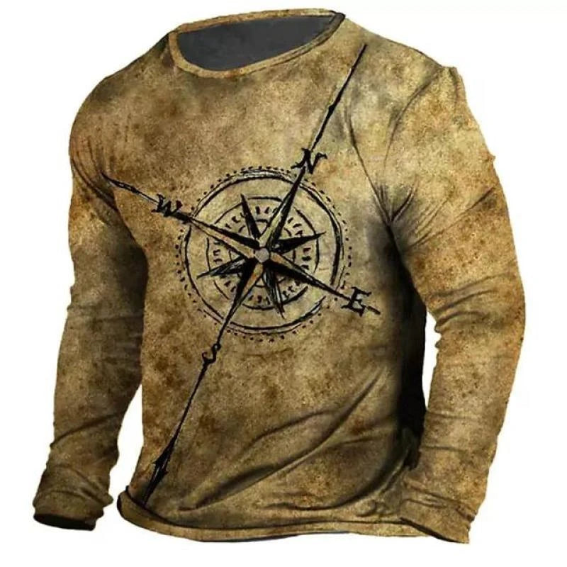 Vintage Compass Sailboat Pattern Long Sleeve T Shirt Casual O Neck