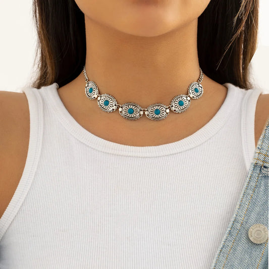 Silvertone Concho Turquoise Necklace Choker