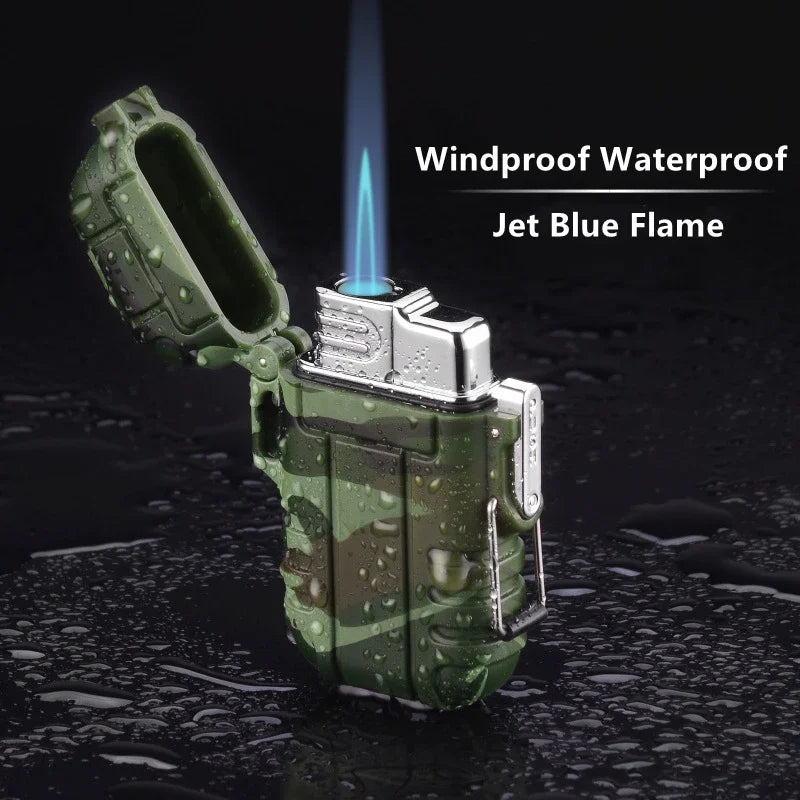 Outdoor Waterproof Lighter with Lanyard Portable Blue Flame Jet Lighter Butane