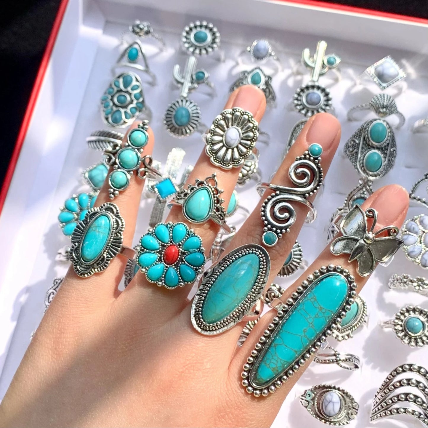 12pcs Antique Silver Plated Turquoise Bohemia Vintage Rings