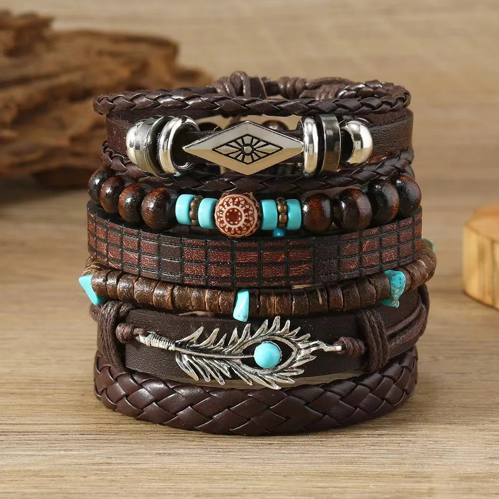 Feather Boho 5-6pc/set wood bead tree Charms bracelets