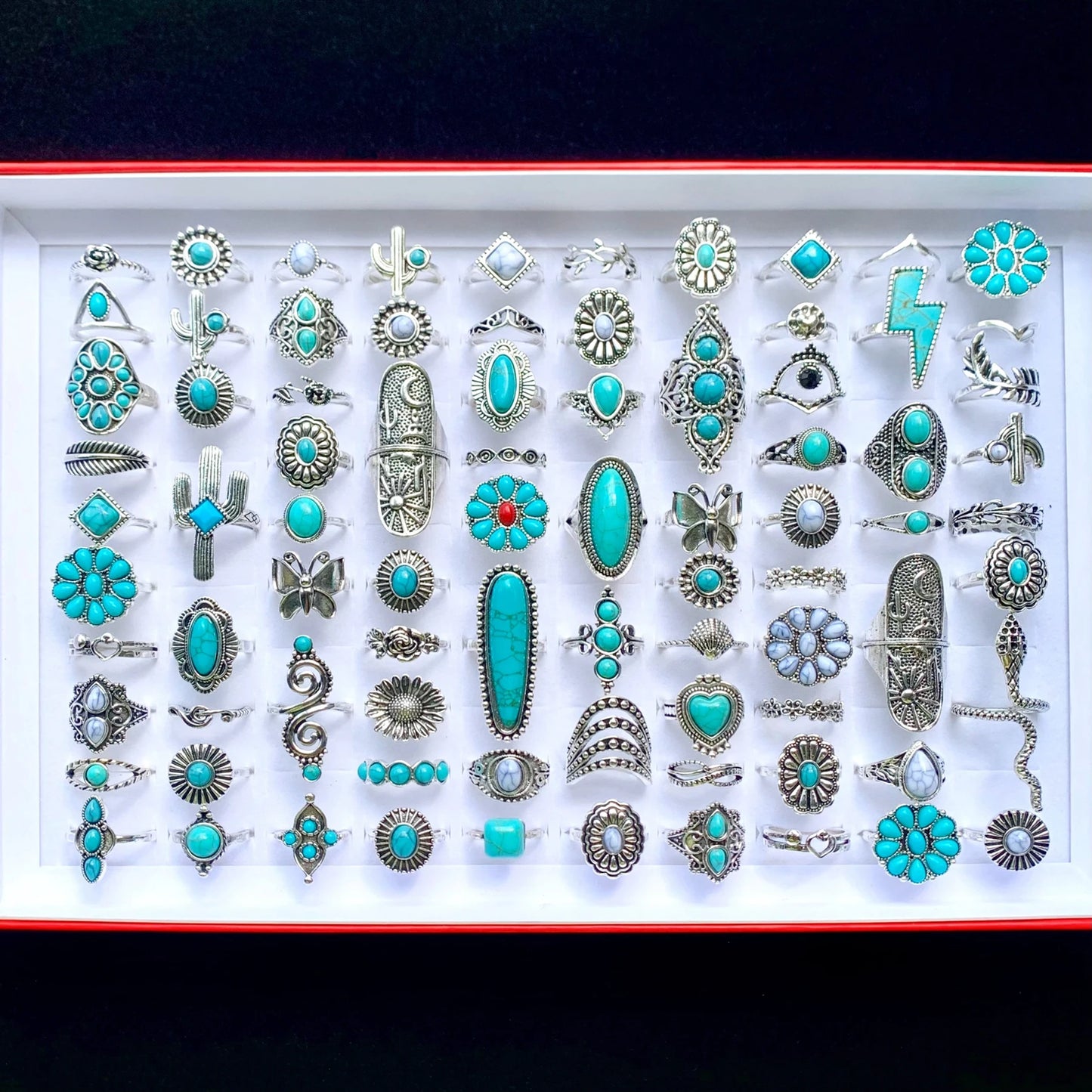 12pcs Antique Silver Plated Turquoise Bohemia Vintage Rings