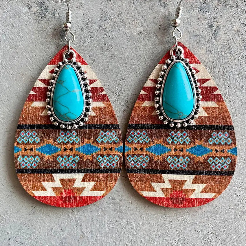 Aztec Pattern Wood Turquoise Teardrop Earrings for Women