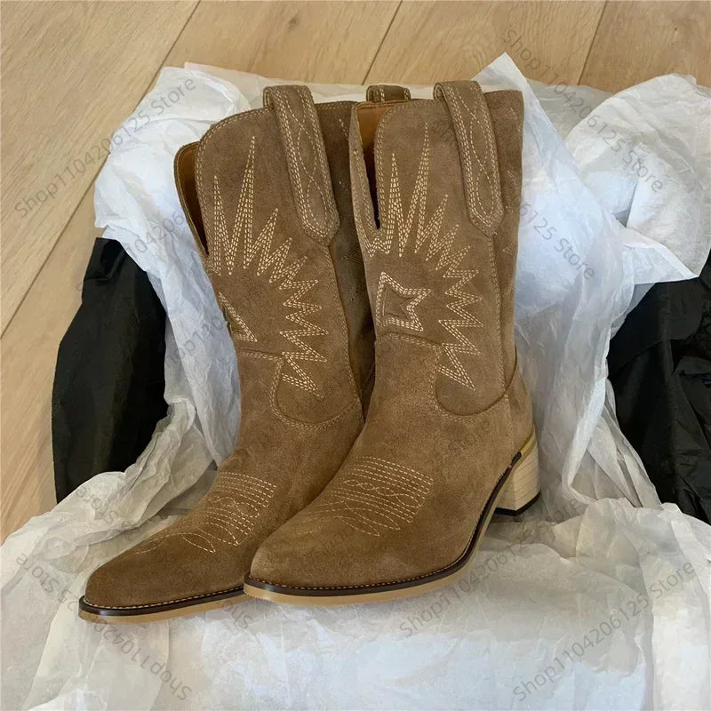 2025 Natural Embroidered Slip On Cowgirl Boots