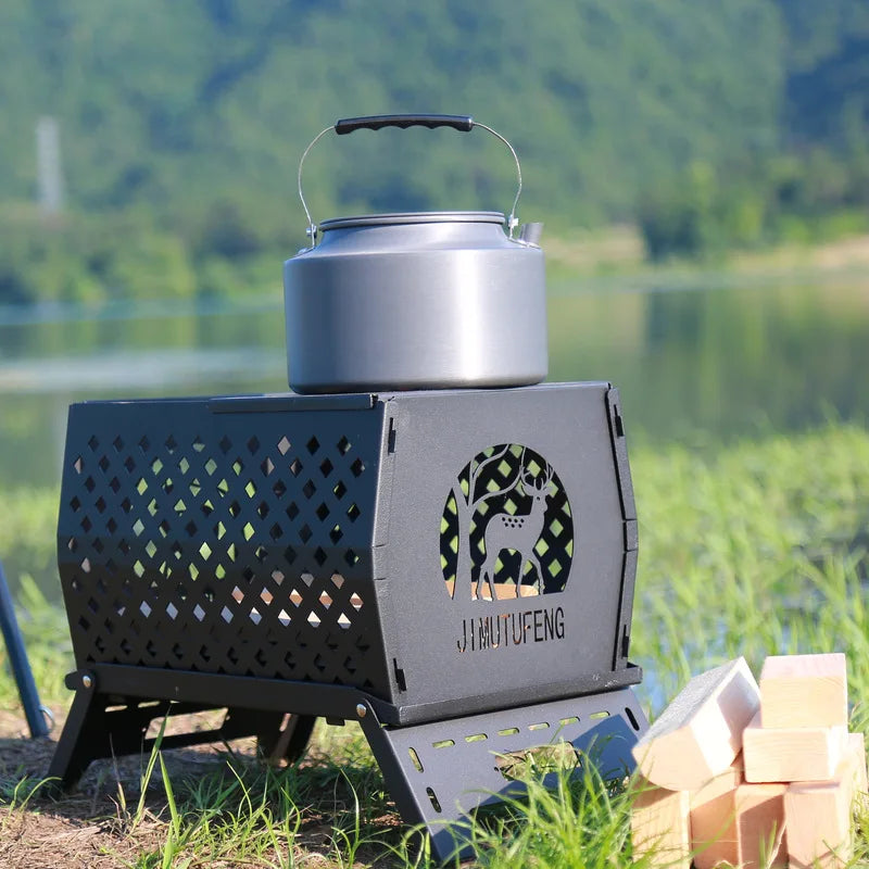 Burning Fire Table Black Plastic Spraying Movable Cold Rolled Plate Carbon Steel Deer Head Folding Stove Warm Pot Burning Pot