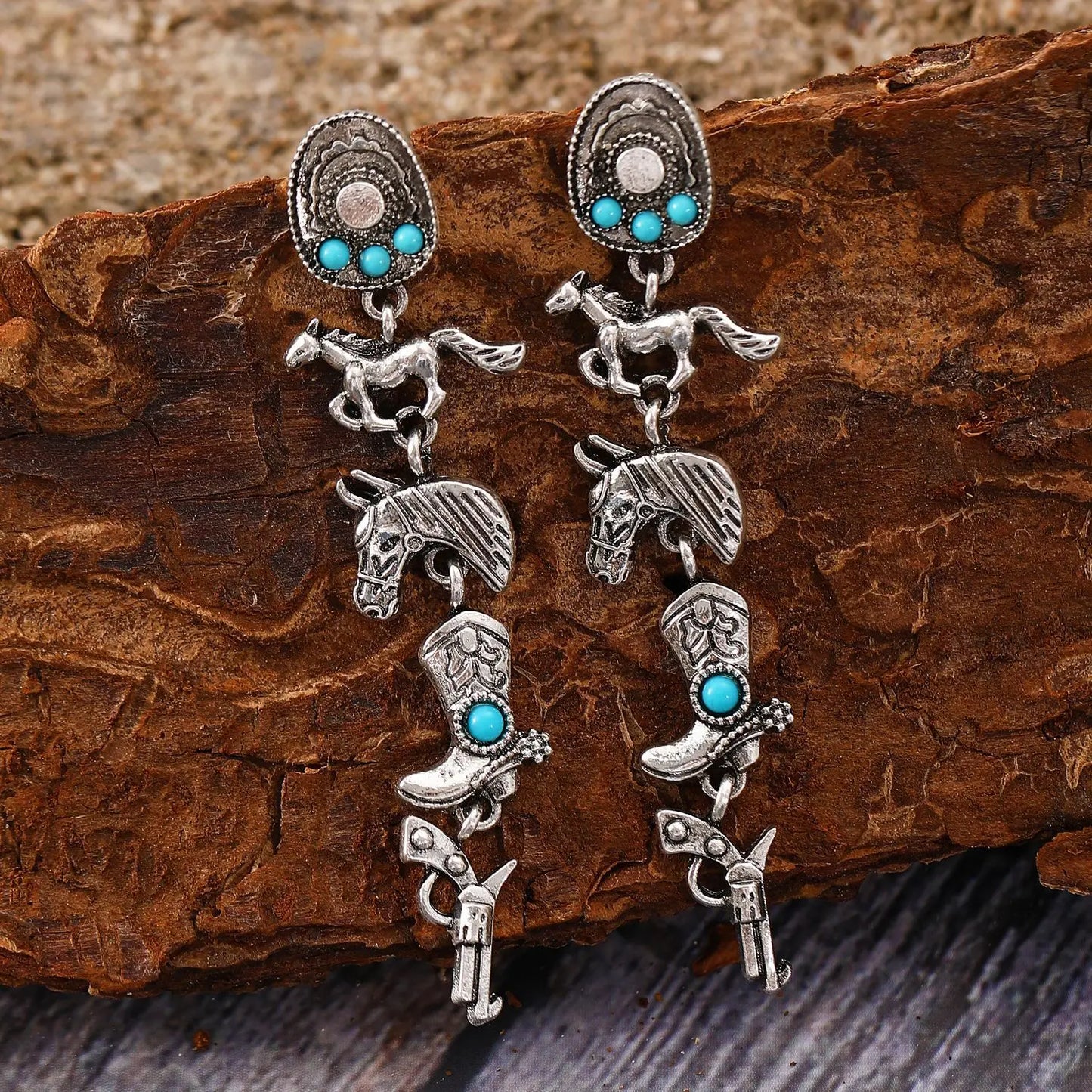 Vintage Bohemia Turquoise Cowboy Hat Boots Horse Earrings For Women