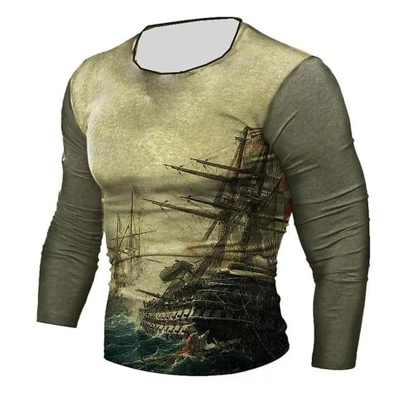 Vintage Compass Sailboat Pattern Long Sleeve T Shirt Casual O Neck