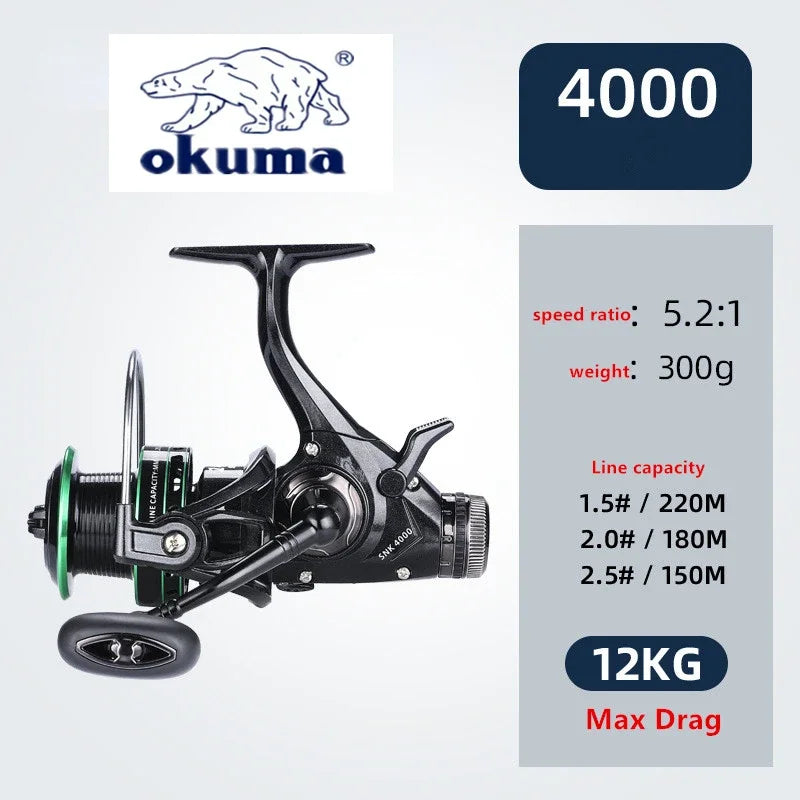 OKUMA Dual Brake Fishing Reel 20Max Drag Speed Ratio 5.2:1/14+1BB All Metal Wire Cup Spinning Wheel 3000-6000