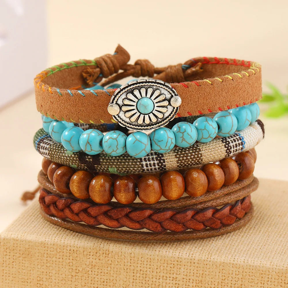 Feather Boho 5-6pc/set wood bead tree Charms bracelets