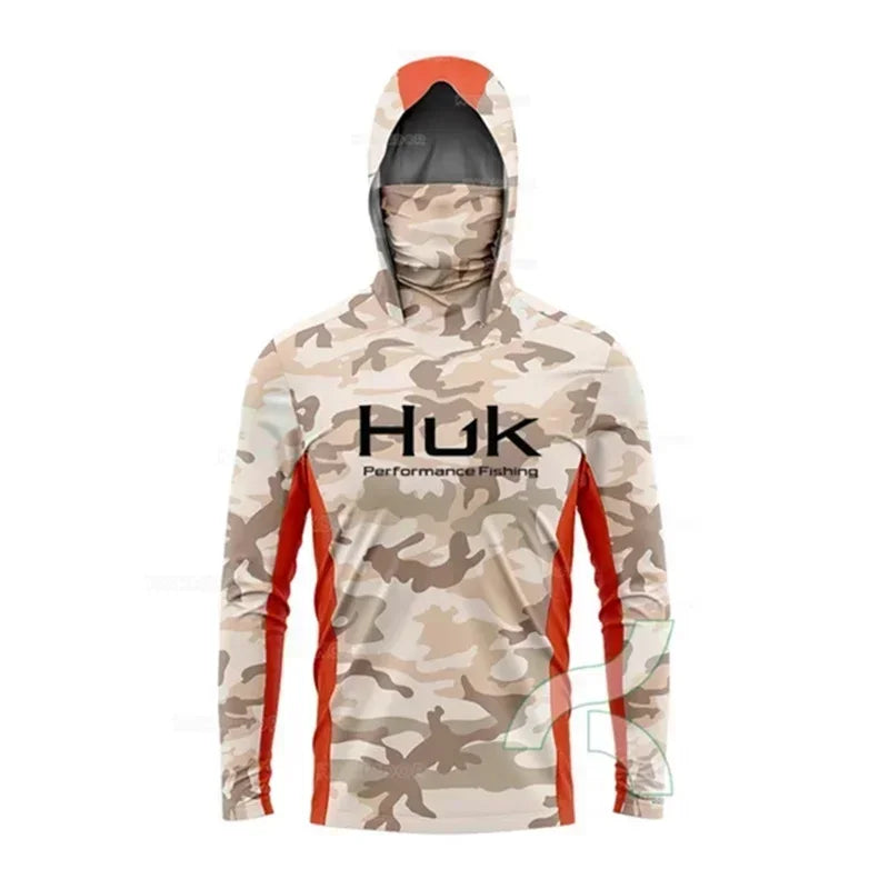 HUK Long Sleeve Anti-UV Fishing Hooded Shirts With Face Mask UPF 50+