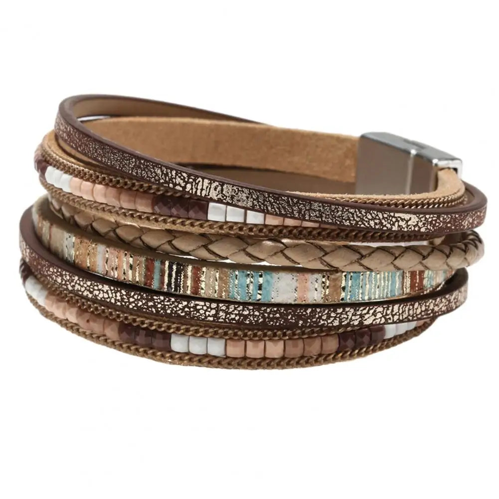 Women Bracelet Boho Style Multi-layer Women's Faux Leather Bracelet Handmade