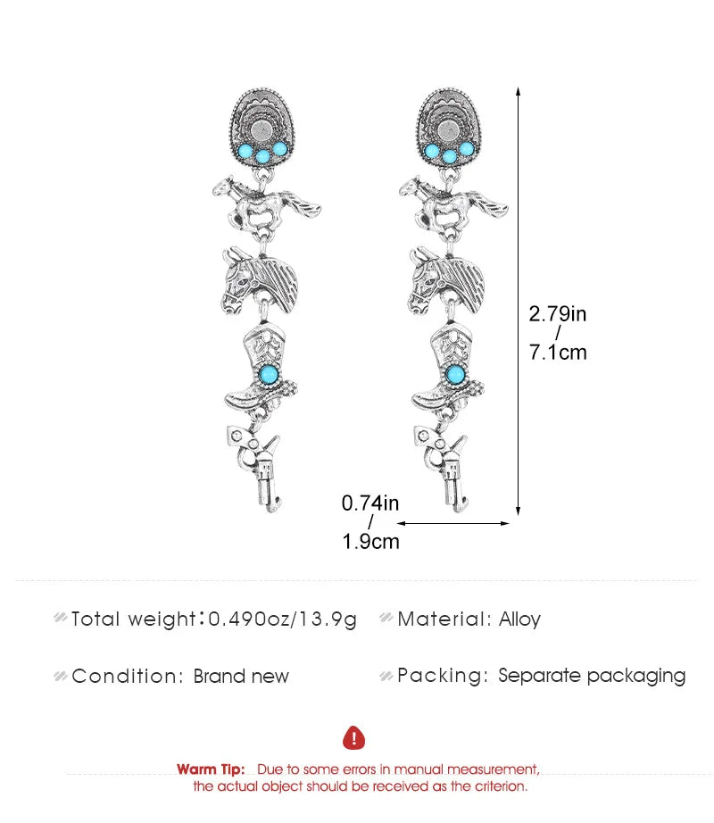 Vintage Bohemia Turquoise Cowboy Hat Boots Horse Earrings For Women