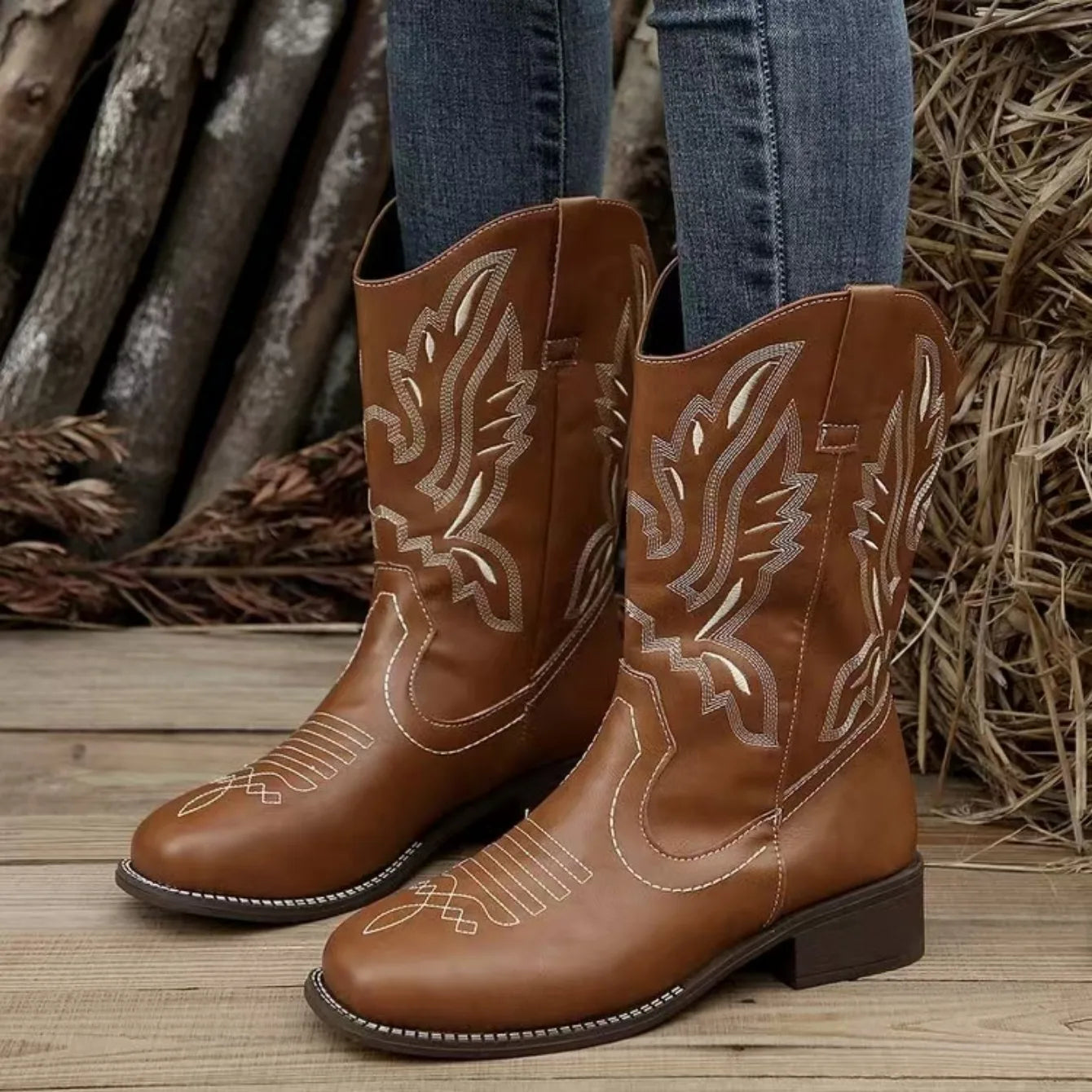 Ladies Pull On Mid Calf Cowgirl Boots