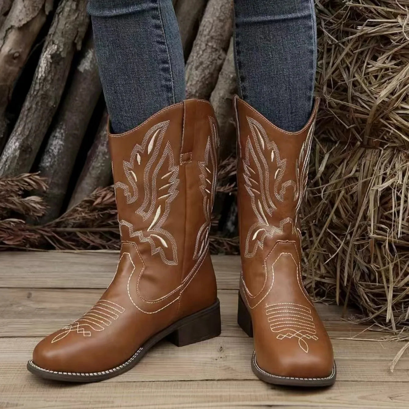 Ladies Pull On Mid Calf Cowgirl Boots