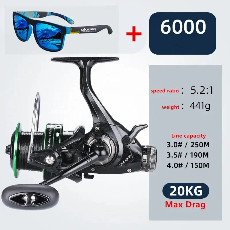 OKUMA Dual Brake Fishing Reel 20Max Drag Speed Ratio 5.2:1/14+1BB All Metal Wire Cup Spinning Wheel 3000-6000