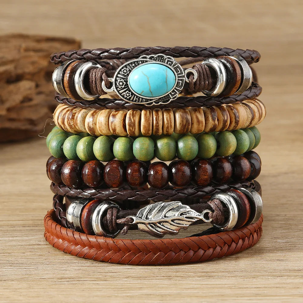 Feather Boho 5-6pc/set wood bead tree Charms bracelets